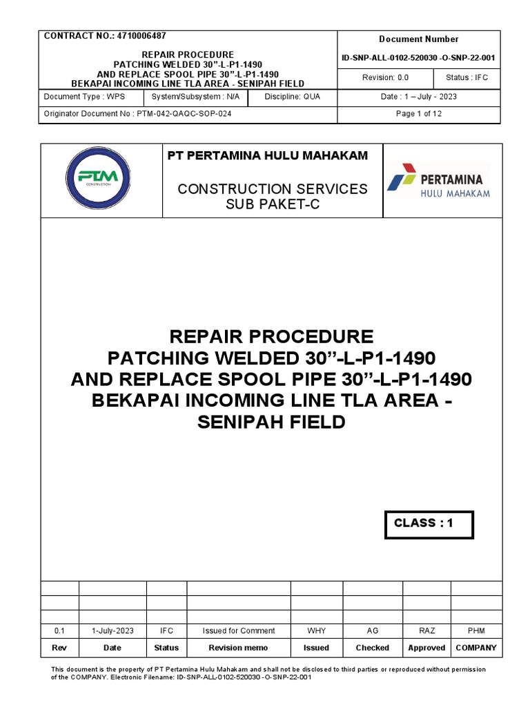 Repair Procedure Patching Welded 30-L-P1-1490 BEKAPAI INCOMING LINE TLA ...