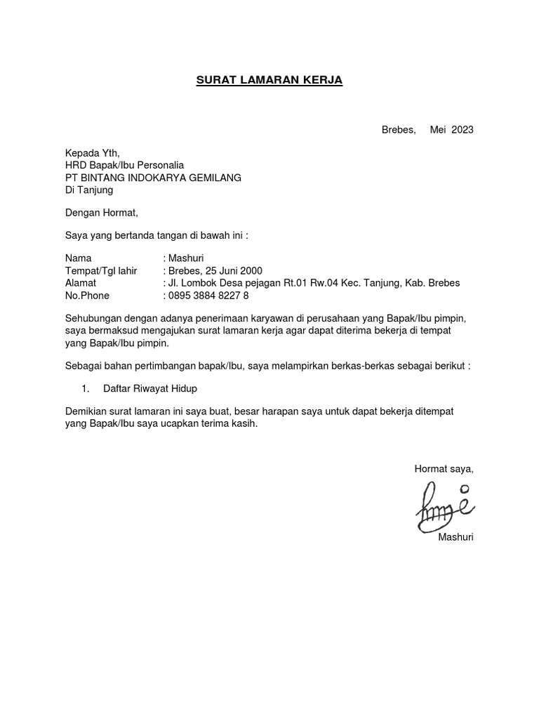 Surat Lamaran Kerja PT BINTANG INDOKARYA GEMILANG | PDF