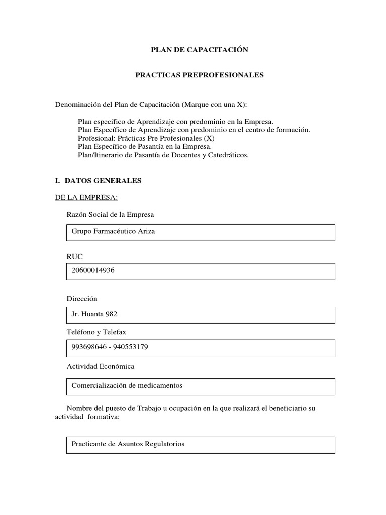Plan de Capacitación para Prácticas Profesionales | PDF | Farmacia ...