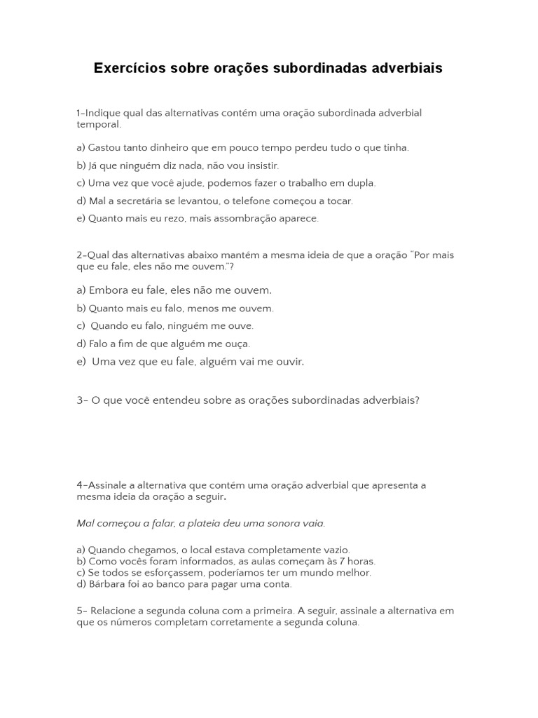 Exercícios Sobre Orações Subordinadas Adverbiais | PDF