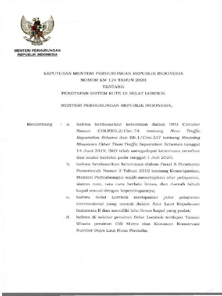 Km 129 tahun 2020 tentang penetapan sistem rute di selat lombok pdf