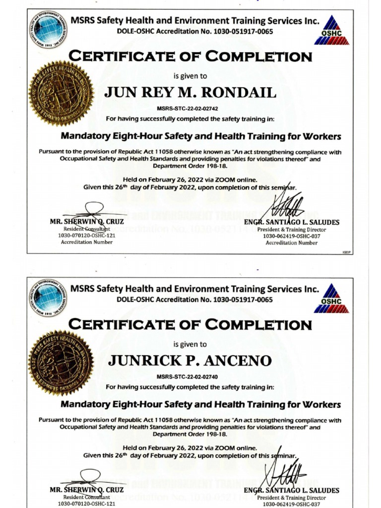 OSH Mandatory Training Certificate Sample | PDF