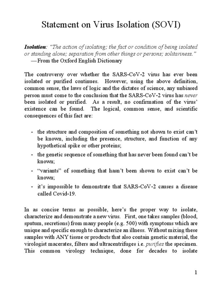 Statement On Virus Isolation (SOVI) : Isolation: 