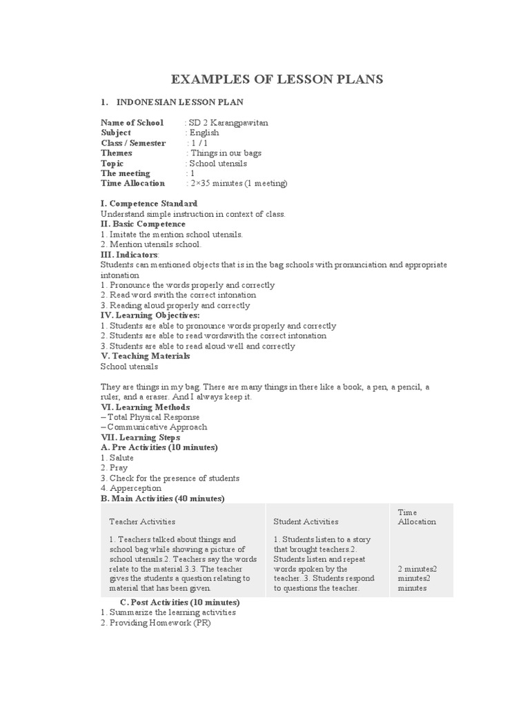 Examples of Lesson Plans PDF Lesson Plan Learning