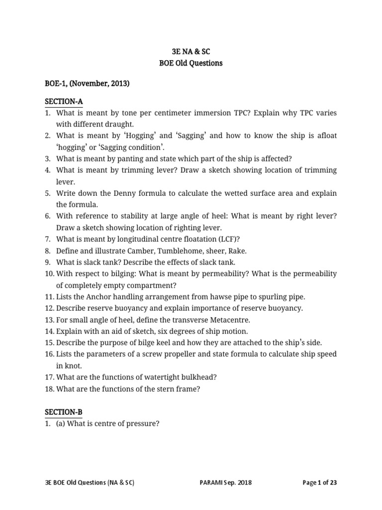 3E NA BOE Questions Set (1-21) | PDF | Ships | Hull (Watercraft)