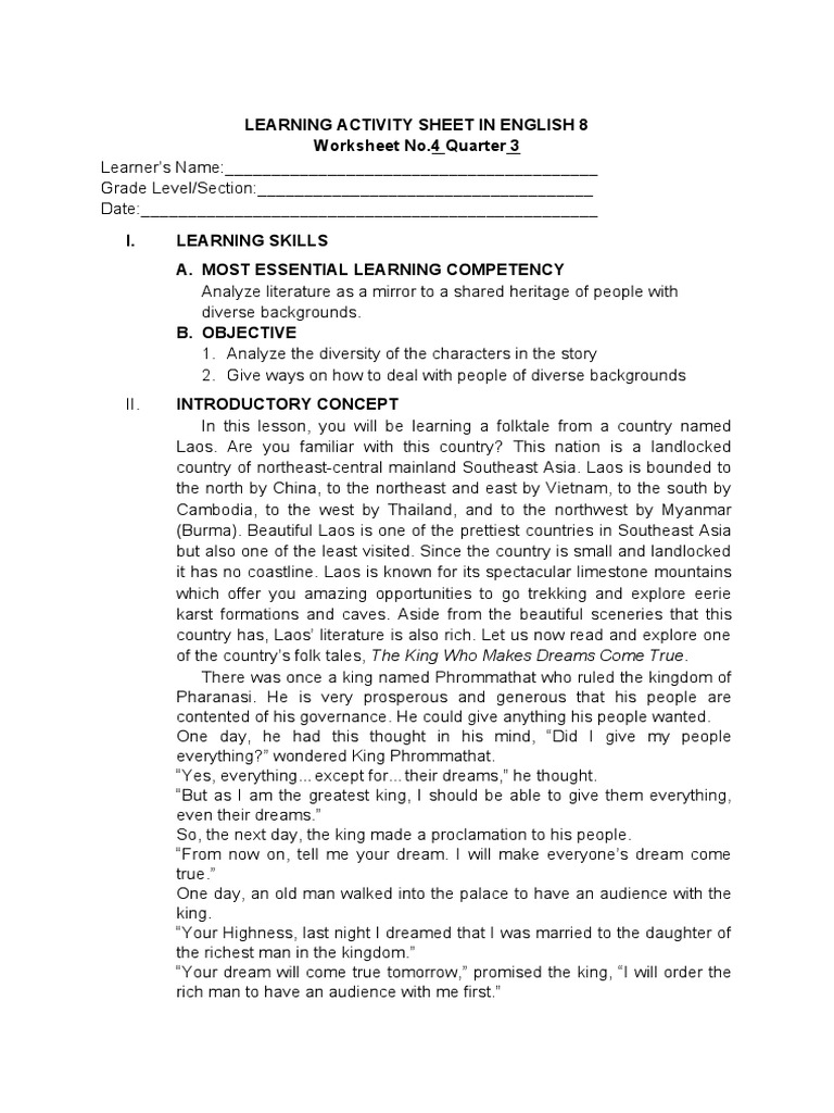 English 8 Q3 Las 4 1 PDF Folklore Southeast Asia