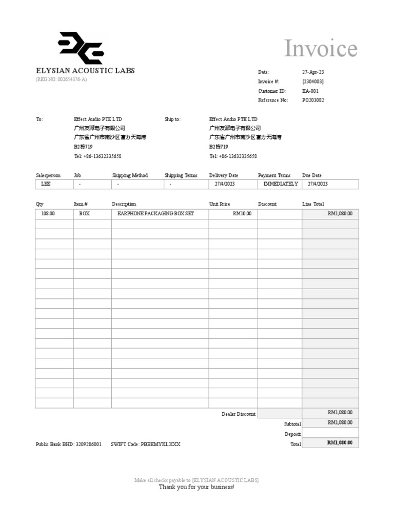 Invoice: Elysian Acoustic Labs | PDF