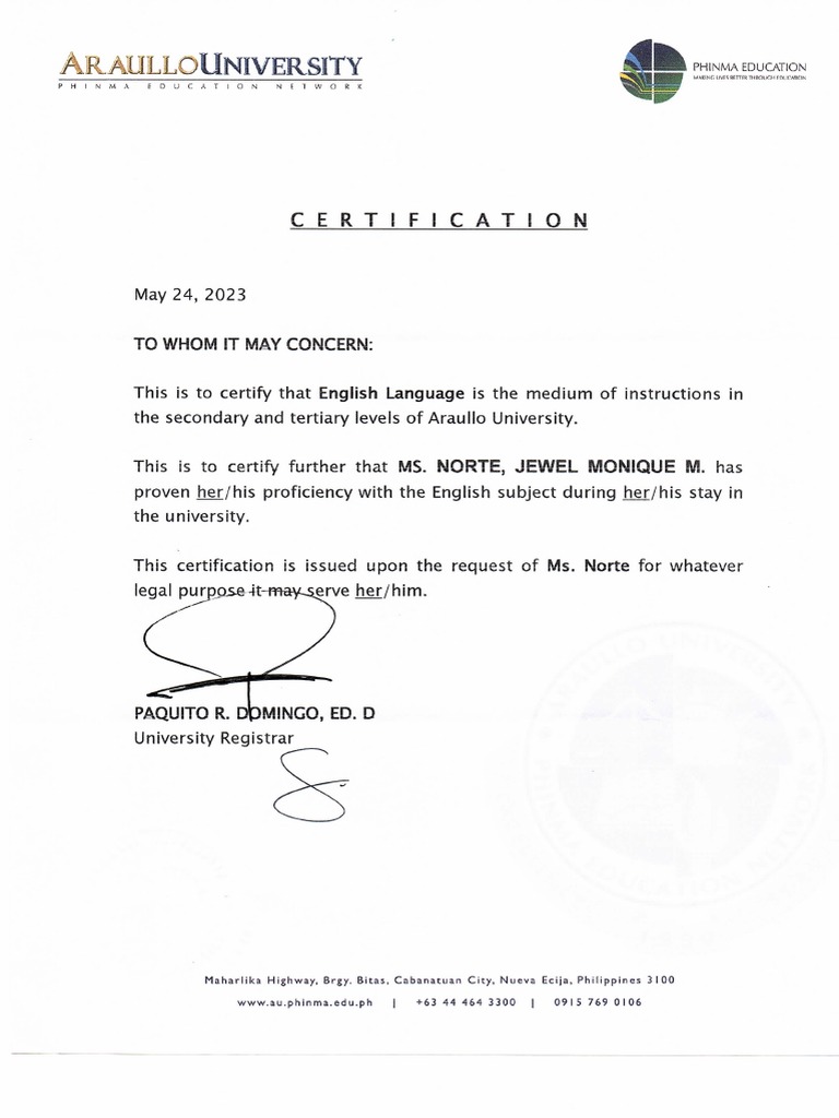 Certificate of English As Medium of Instruction PDF