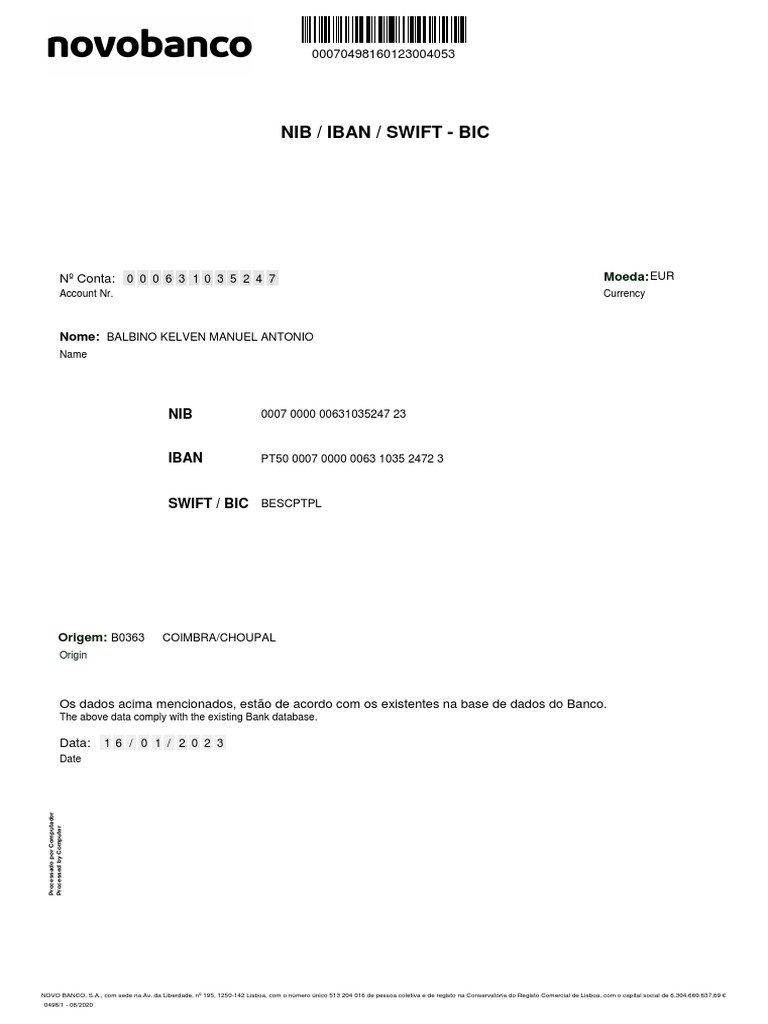 Nib / Iban / Swift Bic Moeda PDF