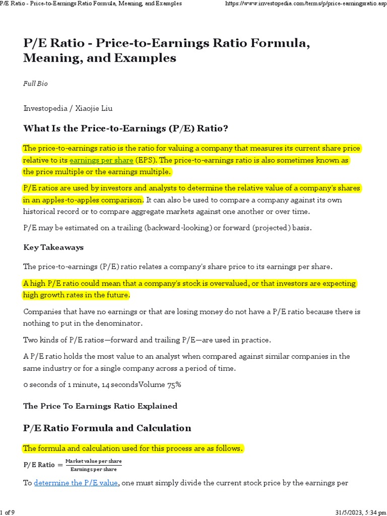 Understanding the P/E Ratio Formula | PDF | Price–Earnings Ratio | Peg ...