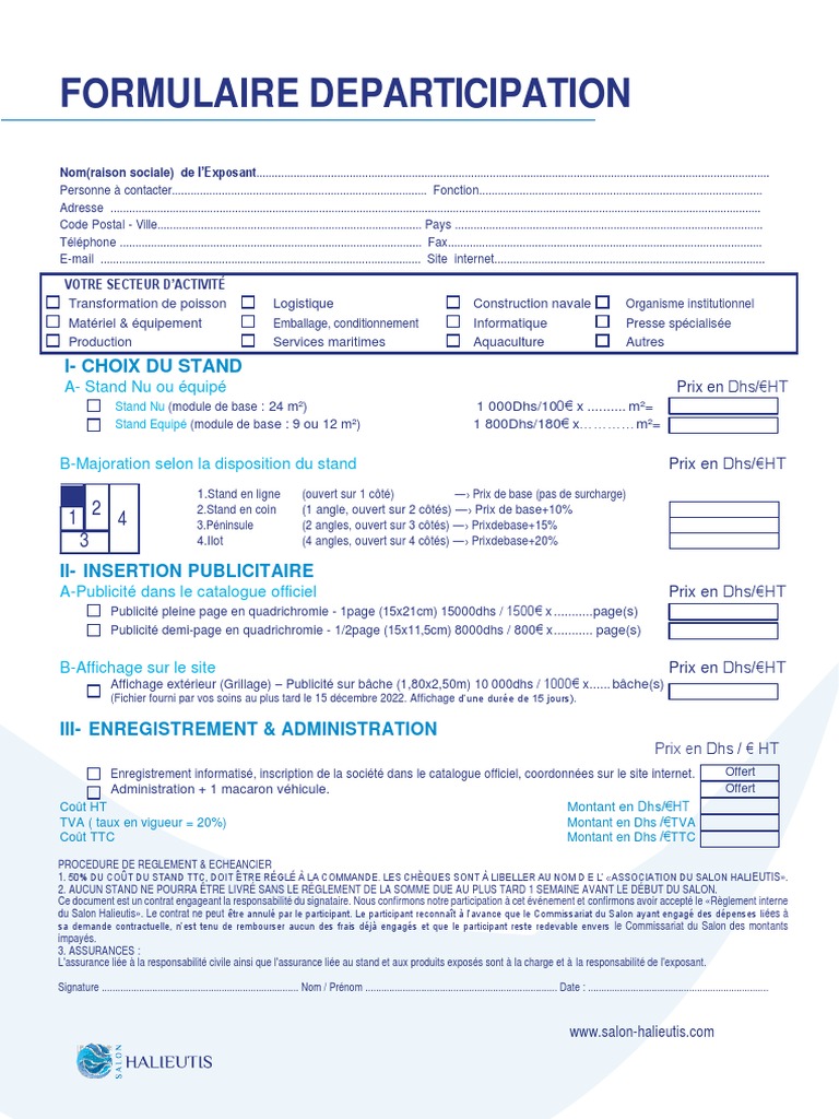 Formulaire d'inscription exposant Halieutis | PDF | Taxe sur la valeur ...