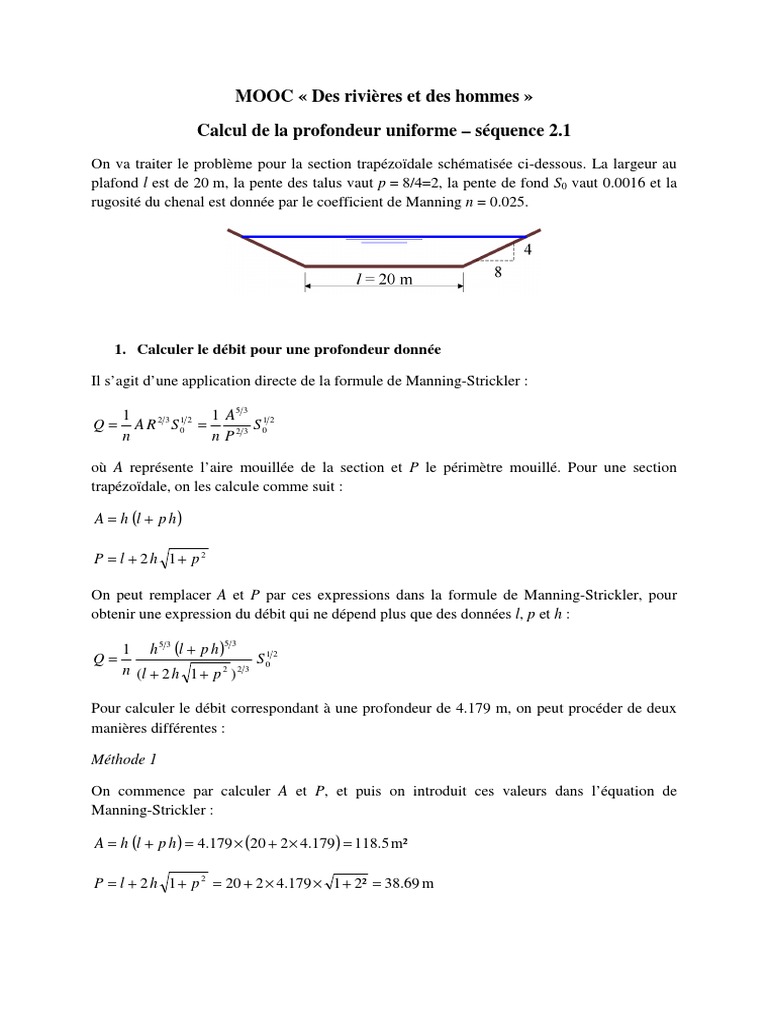 Calcul de profondeur avec Manning-Strickler | PDF | Mathématiques ...