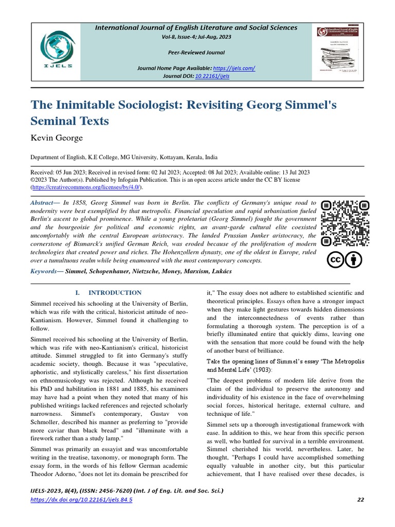 The Inimitable Sociologist: Revisiting Georg Simmel's Seminal Texts ...