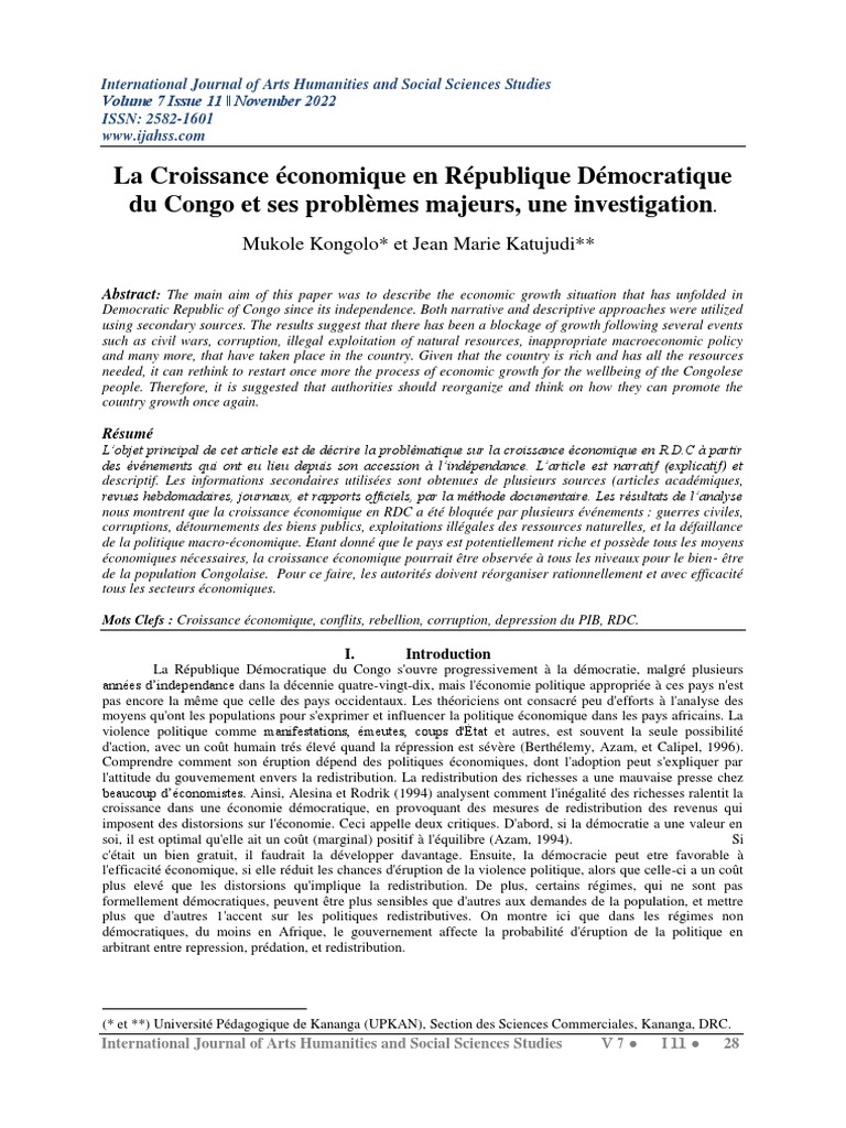 La Croissance Économique en République Démocratique Du Congo Et Ses ...