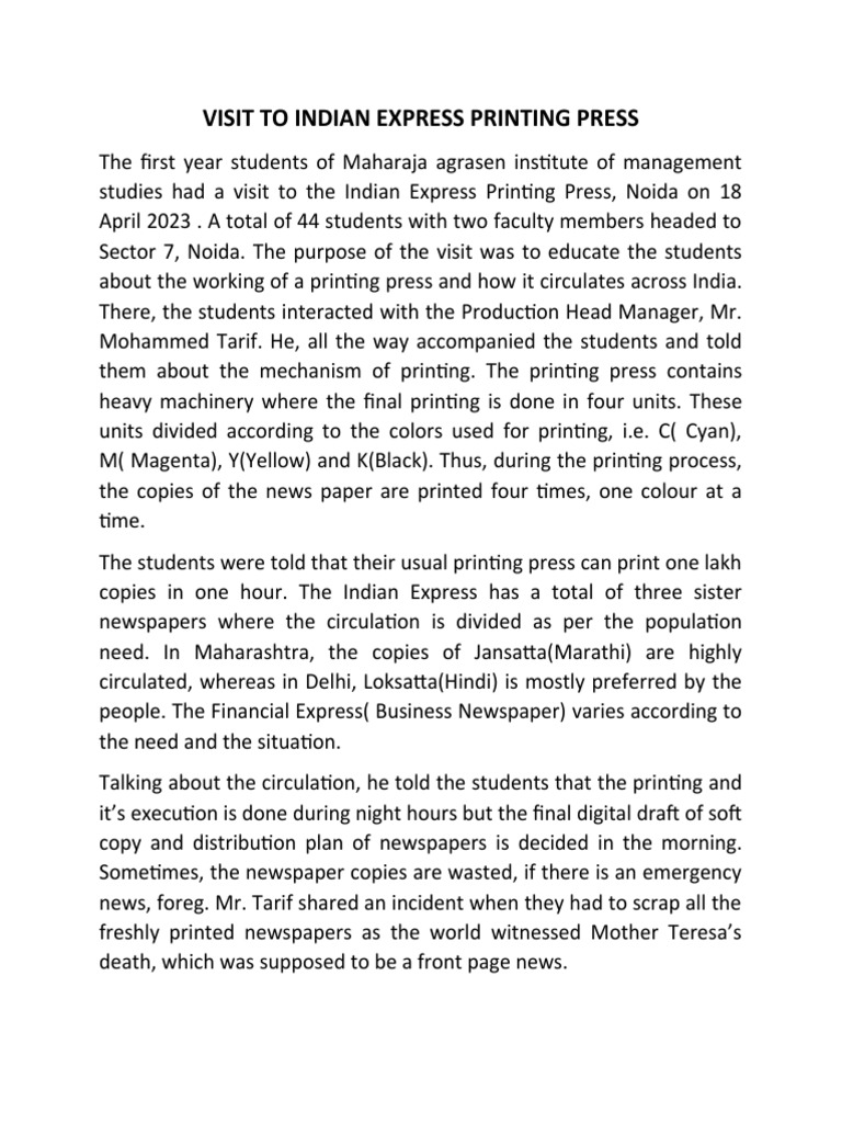 Visit to Indian Express Printing Press | PDF | Newspapers | News