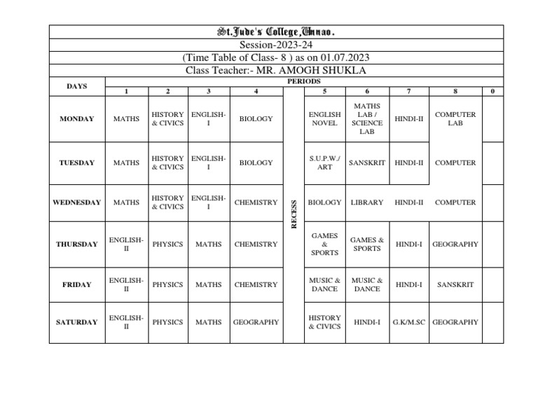 Time table class 8 2023 24 pdf