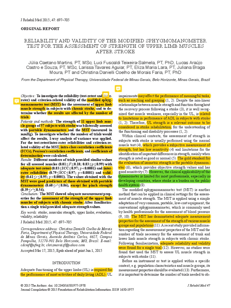 Reliability and Validity of The Modified Sphygmomanometer Test For The
