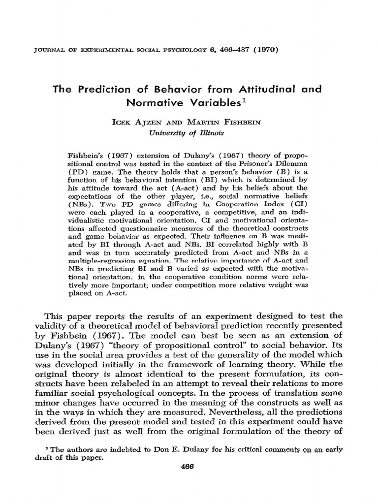 Ajzen, I., & Fishbein, M. (1970) - The Prediction of Behavior From ...