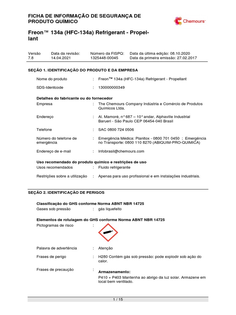 FISPQ - Gás 134a (HFC-134a) Refrigerant | PDF | Oxigênio | Química