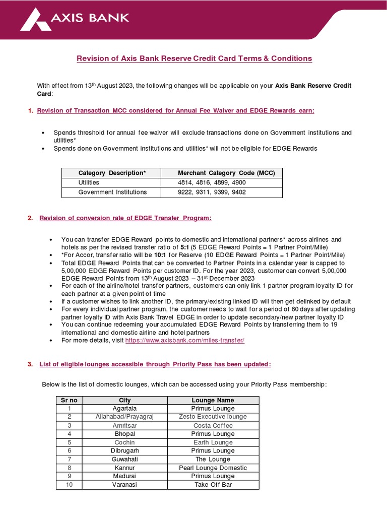 Axis Bank Reserve Credit Card Terms and Conditions PDF Airport