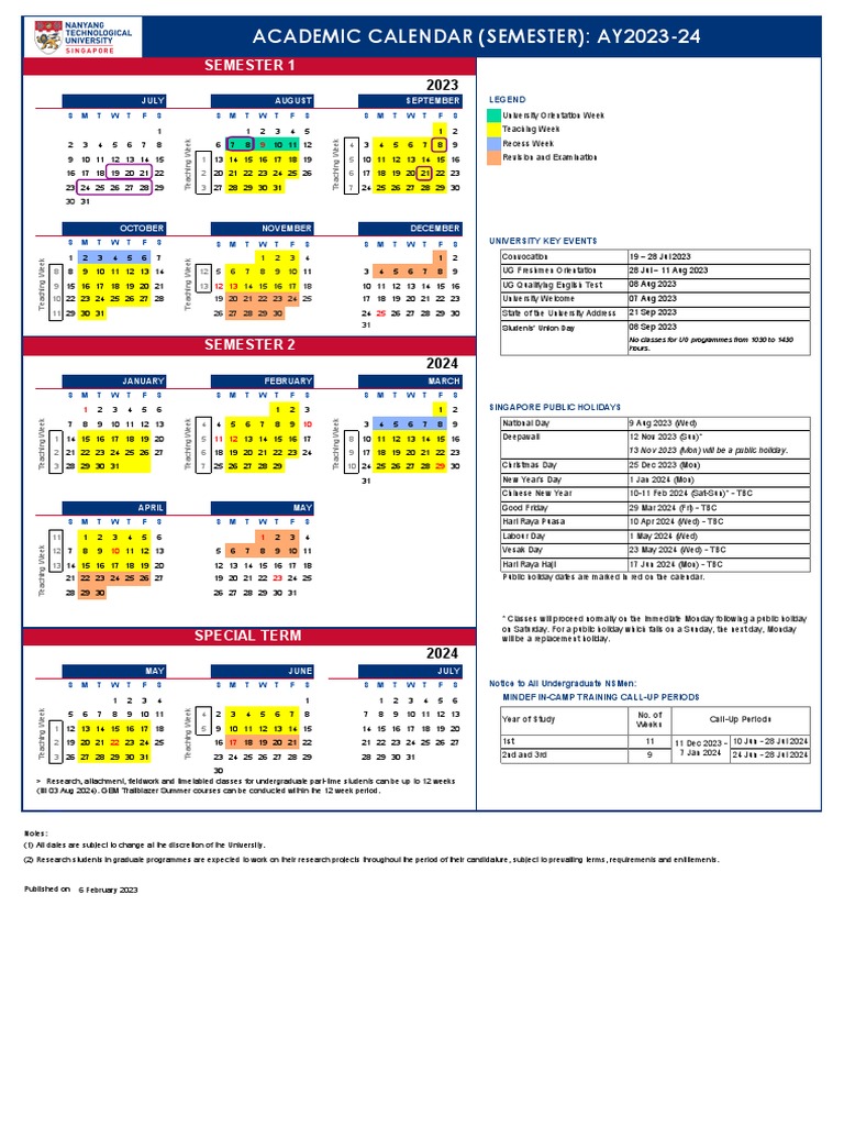 NTU Academic Calendar AY2023 24 (Semester) Download Free PDF