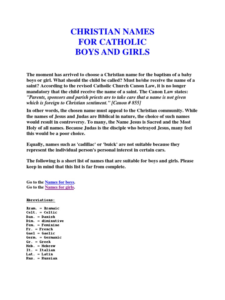 Christian Names For Catholic Boys and Girls | PDF
