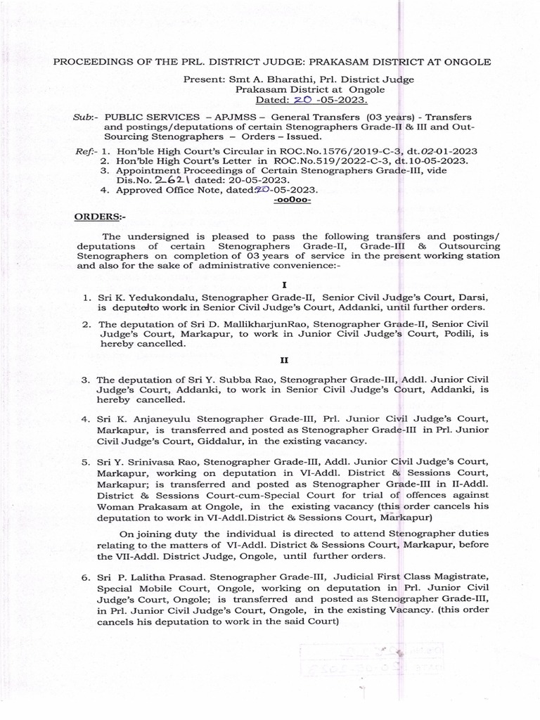Prakasam District Stenographer Transfers 2023 | PDF