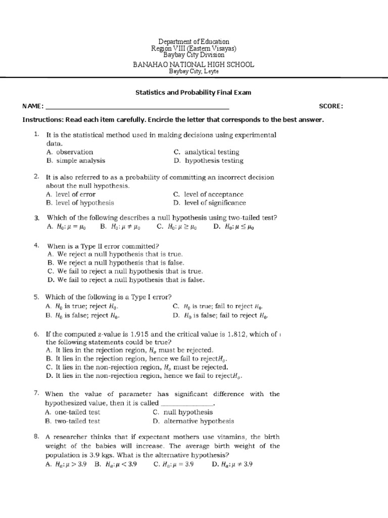 Statistics and Probability Exam Guide | PDF | Variance | Sampling ...