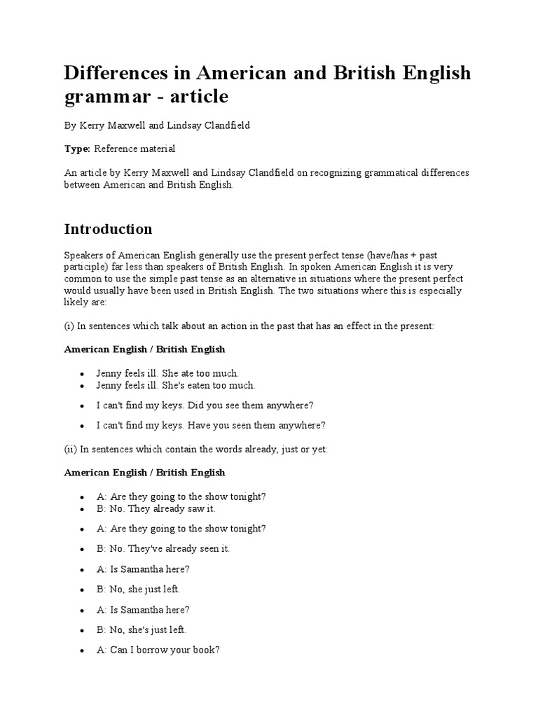 Differences in american and british english grammar pdf english