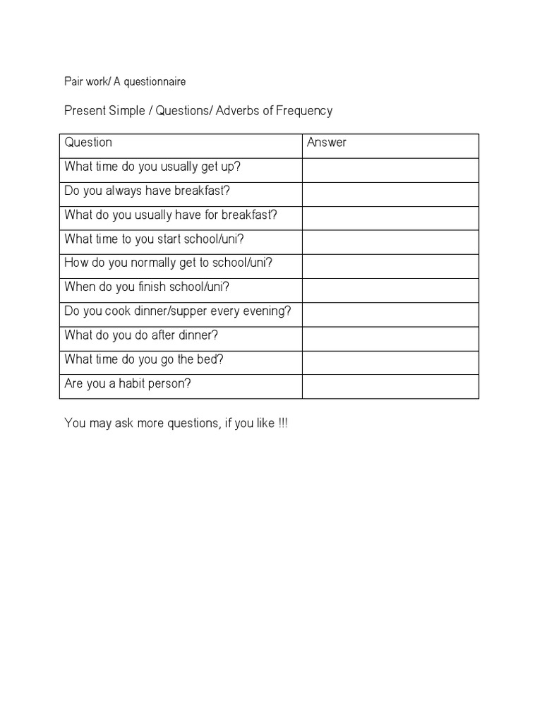 Present Simple Questionnaire, Questions | PDF | Language Arts & Discipline