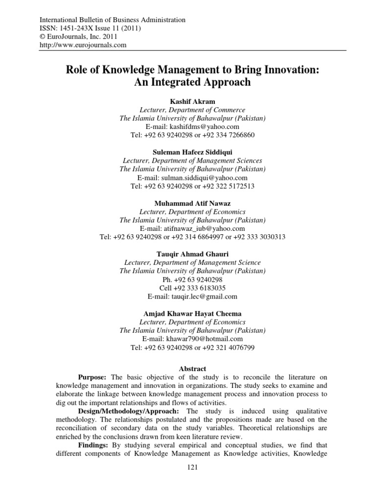 Role of Knowledge Management To Bring Innovation: An Integrated ...