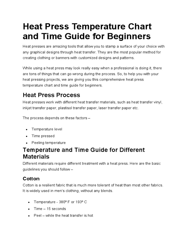 Heat Press Temperature Chart and Time Guide For Beginners PDF