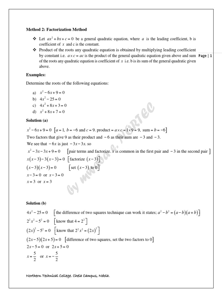 Quadratic Equations - Factorization Method | PDF | Quadratic Equation ...