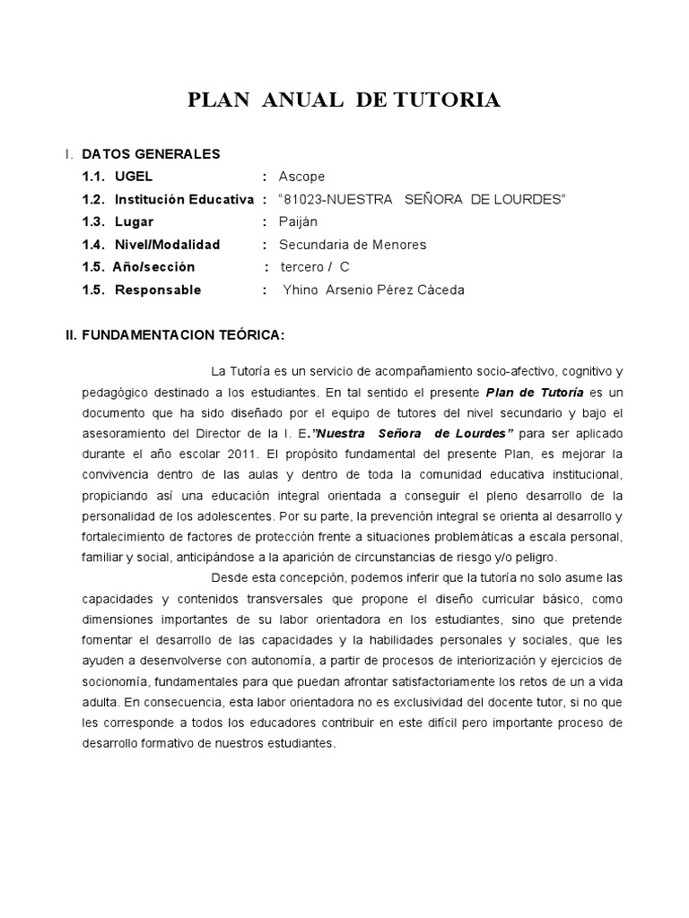 Plan Anual de Tutoría Secundaria 2023 | PDF | Adultos