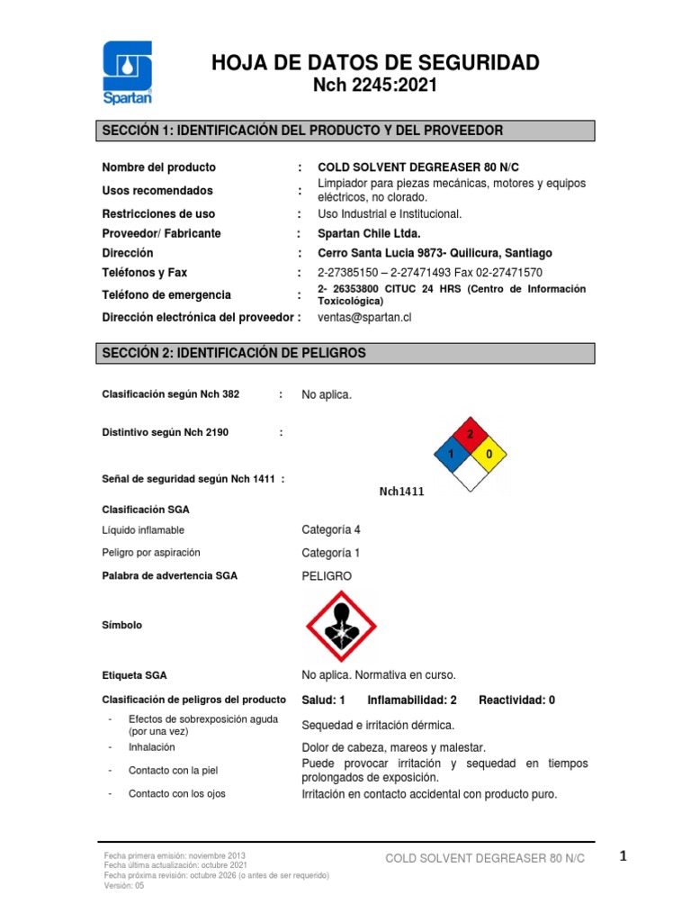 Hoja de Seguridad: Cold Solvent Degreaser | PDF | Agua | Combustión