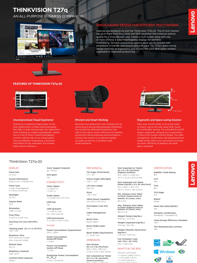 Monitor Lenovo ThinkVision T27q-20 27 Pouces 2K QHD IPS - Quasi Neuf (HDMI, DP)