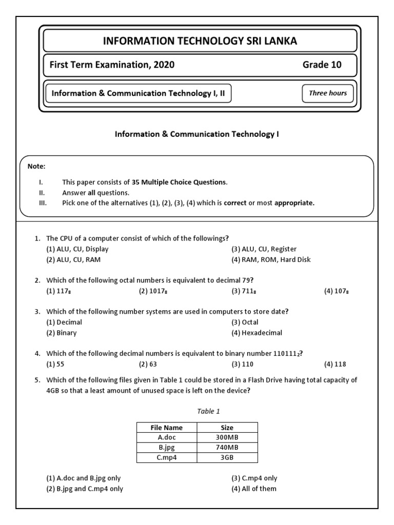 Grade 10 ICT Exam Questions | PDF | Input/Output | Computer Data Storage