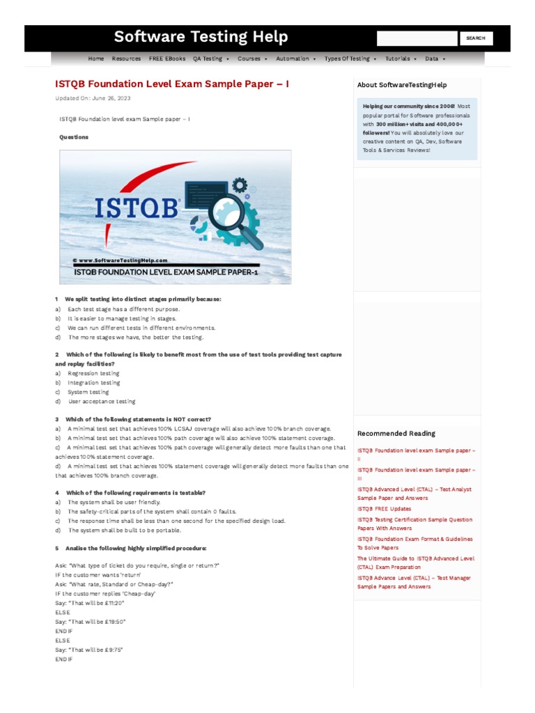 ISTQB Foundation Exam Sample Paper 1 | PDF | Software Testing ...