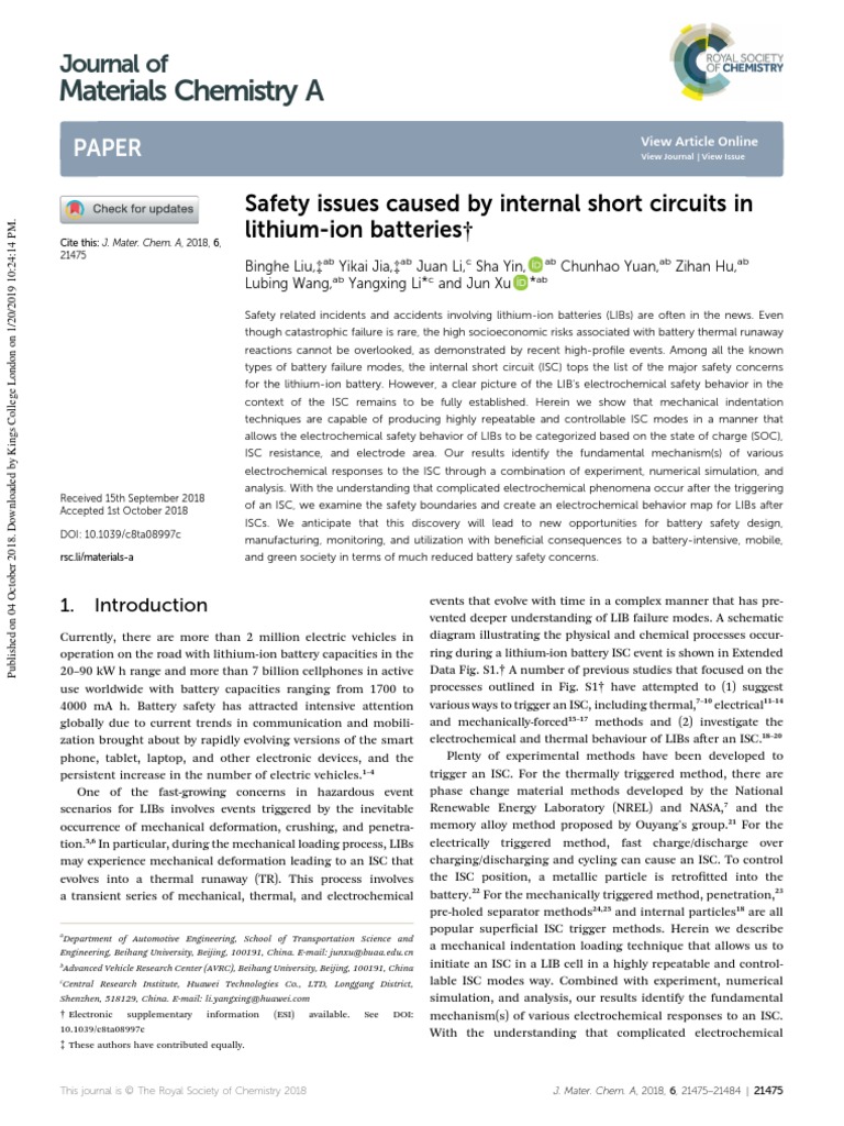 Safety Issues Caused by Internal Short Circuits in LithiumIon
