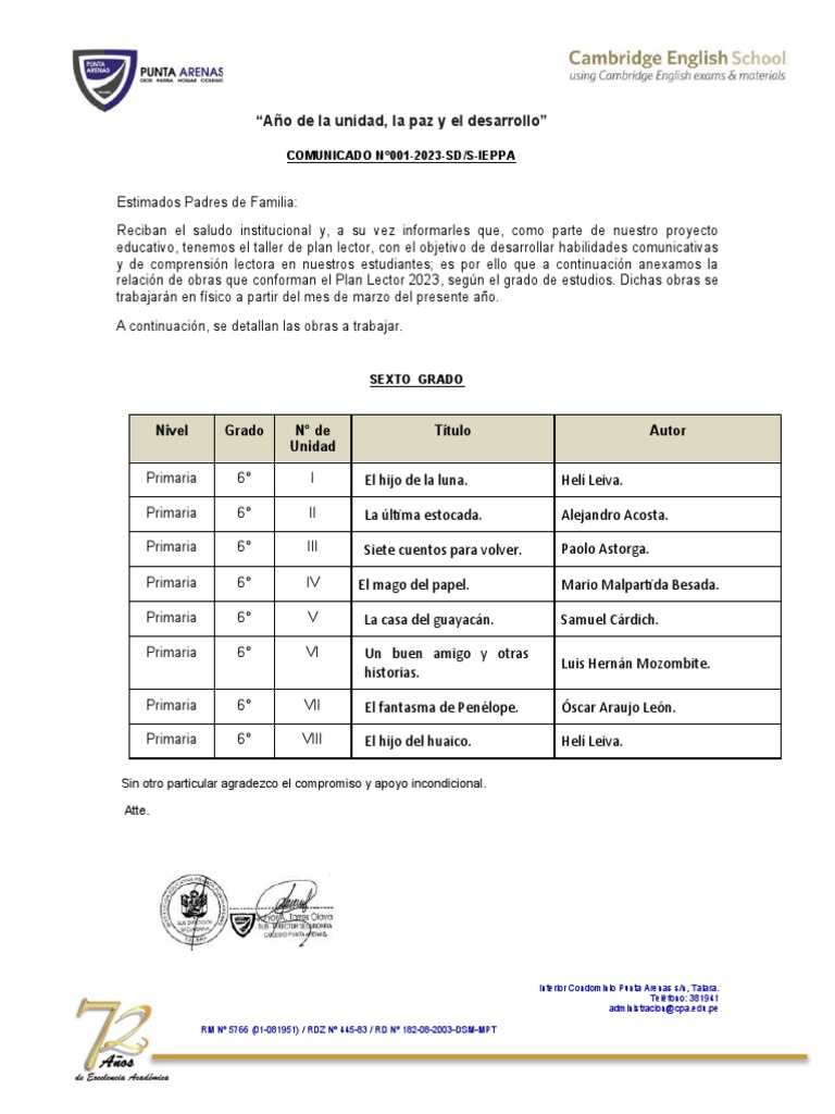Plan Lector 2023 para Sexto Grado | PDF