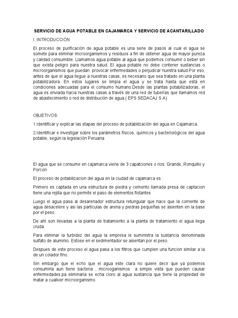 Servicio de Agua Potable en Cajamarca y Servicio de Acantarillado | PDF ...
