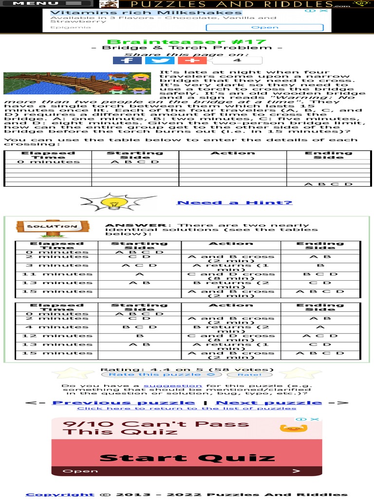 Bridge & Torch Problem - Puzzles and Riddles | PDF