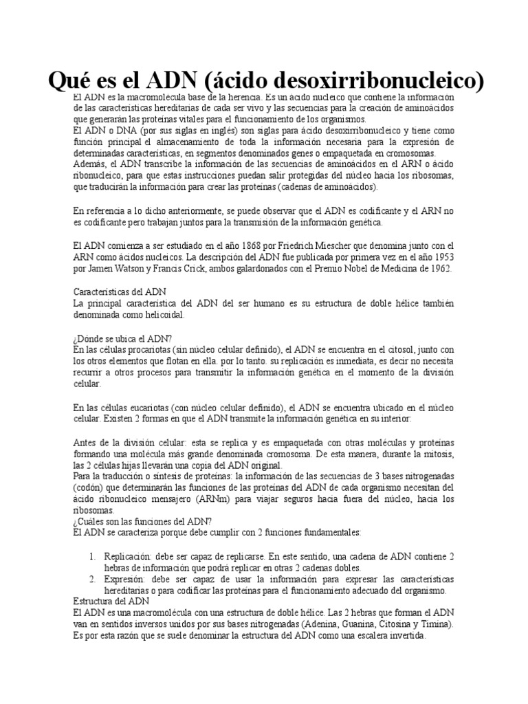 Qué Es El ADN (Ácido Desoxirribonucleico) | PDF | Rna | Dominancia ...