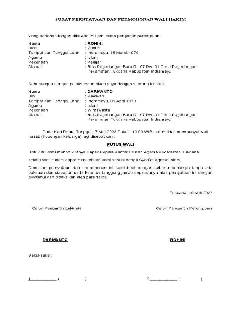 Surat pernyataan dan permohonan wali hakim pdf