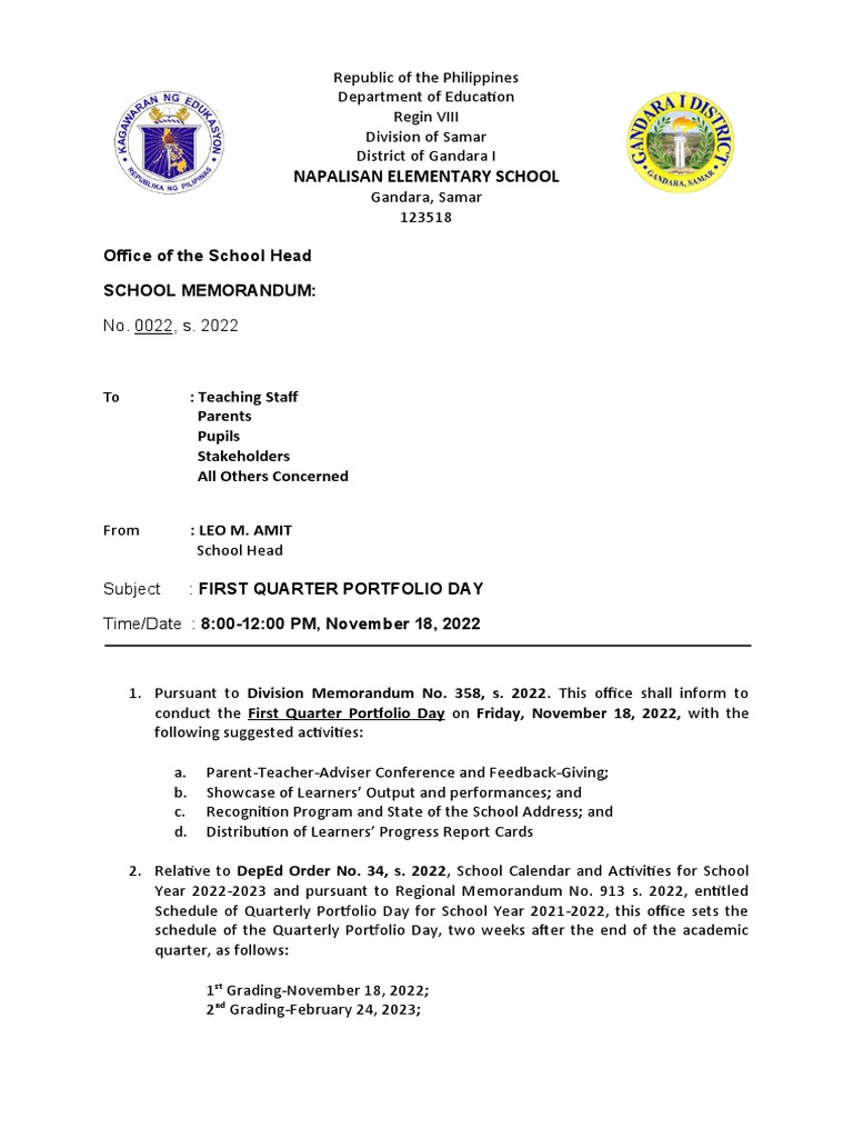 School Memorandum Portfolio Day 2022 PDF