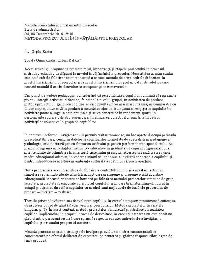 Gajdo - Eszter - Metoda Proiectului in Invatamantul Prescolar | PDF