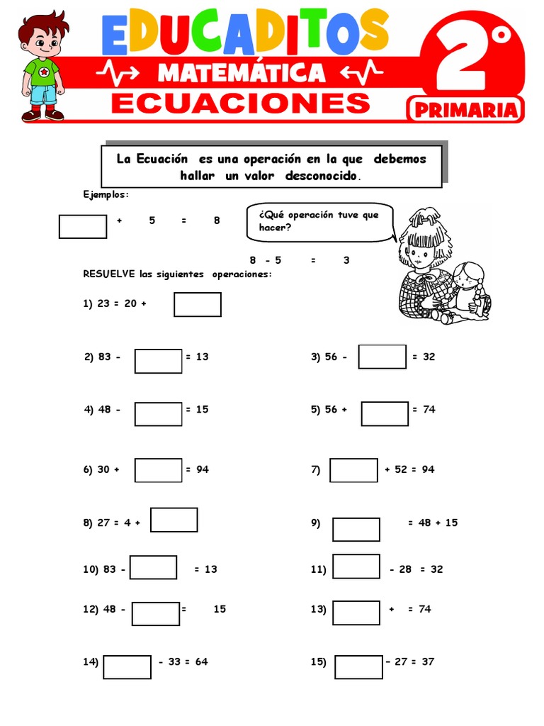 Ecuaciones para Segundo Grado de Primaria | PDF | Ecuaciones | Matemáticas, image size:768x1024