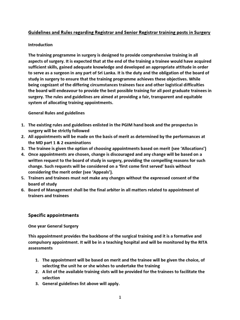 Guidelines and Rules Regarding Registrar and Senior Registrar Training