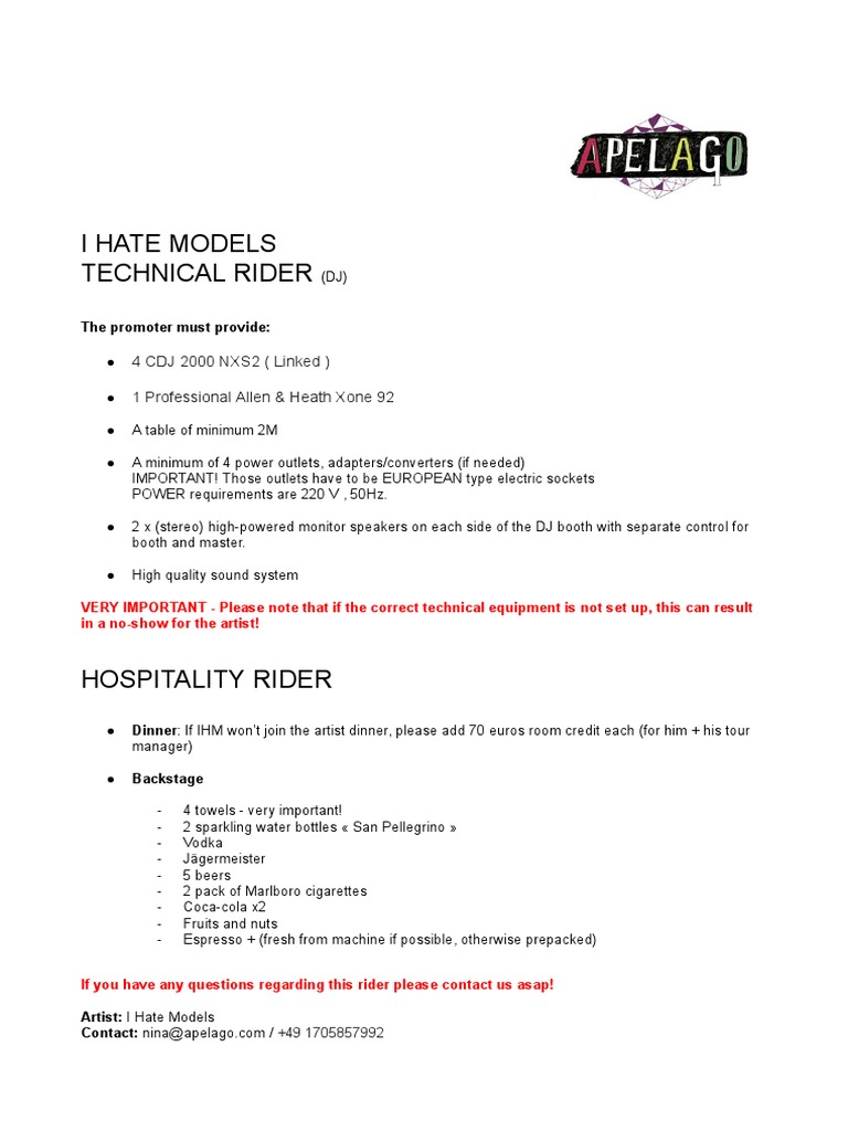 I Hate Models DJ Tech Rider | PDF