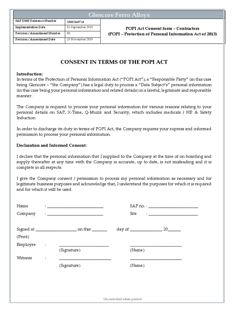 POPI Act Consent Form for Contractors | PDF